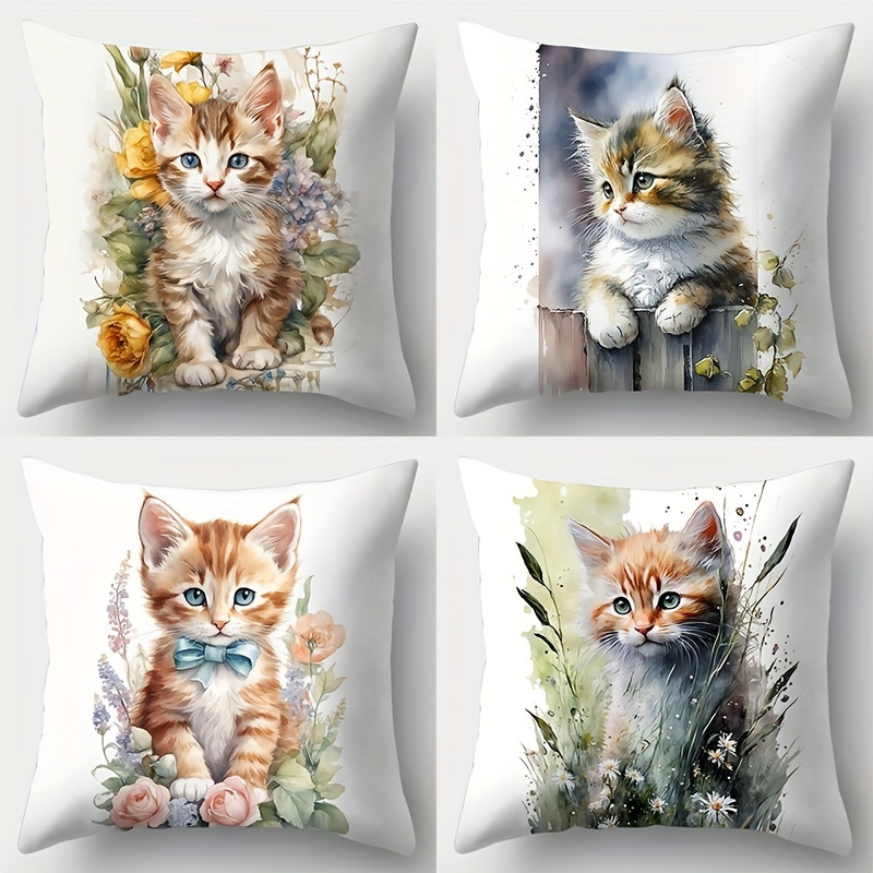 

Charming Cat & Floral Throw Pillow Covers, 17.7" Square - Set Of 4, Soft Polyester, Zippered - Perfect For Sofa And Bedroom Decor
