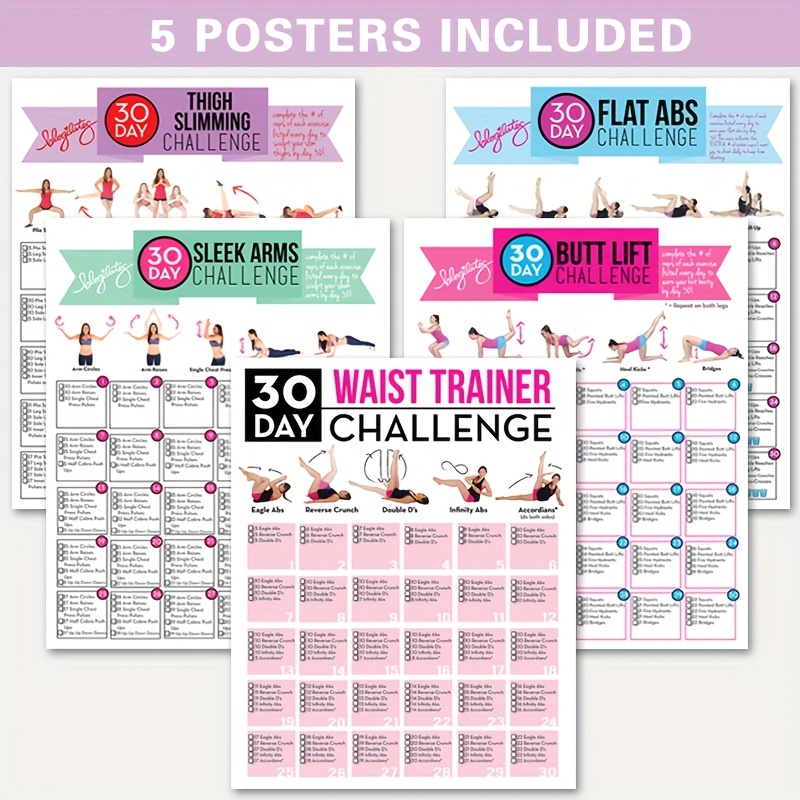 5pcs 30-day Poster Set, Fitness Plan Chart For Slimming , Thighs, Hips & Waist – Home Gym Decor, Weight Loss & Toning Tools, 2d Flat Design (20.32x25.4cm) – Frameless Exercise Guide, 2d Flat