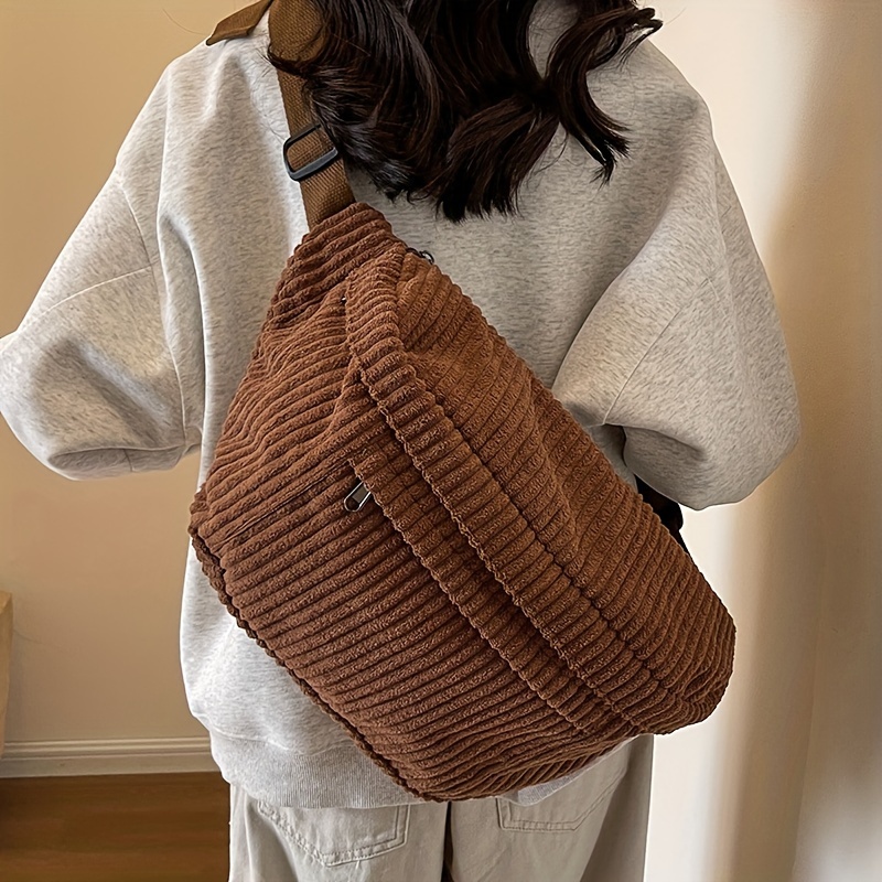

Fashion Corduroy Crossbody Bag, Large Capacity Chest Bag, Women's Casual Sling Shoulder Purse