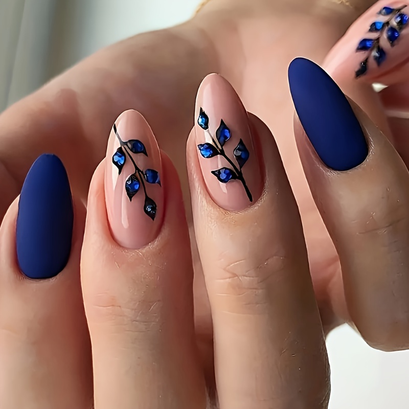 Almond Shaped Short Medium Nails, Matte Acrylic Dark Nails With Glitter, Summer Stylish Reusable Manicure Nails For Women 24pcs