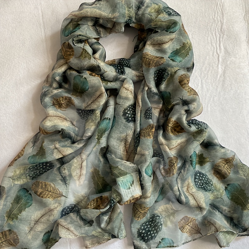 

Bohemian Style Lightweight Scarf With Feather Pattern - Breathable, Wind-resistant Polyester Shawl For Women - Hand Washable, Woven, Non-stretch, Fashionable Wrap For