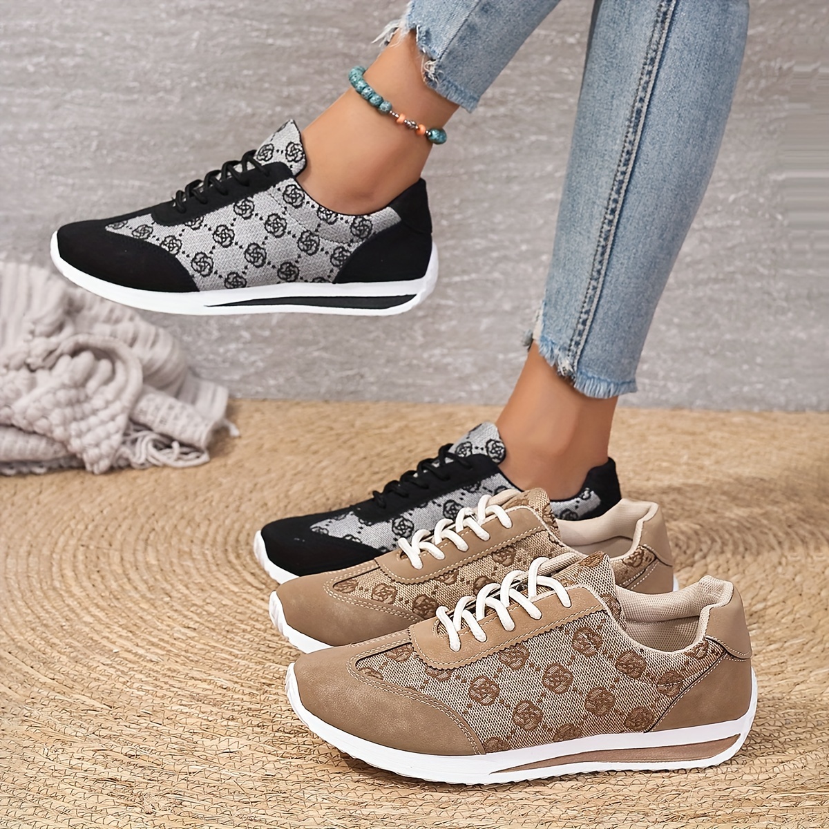 

Women's Rose Pattern Sneakers, Lace Up Platform Soft Sole Walking Shoes, Low-top Daily Footwear