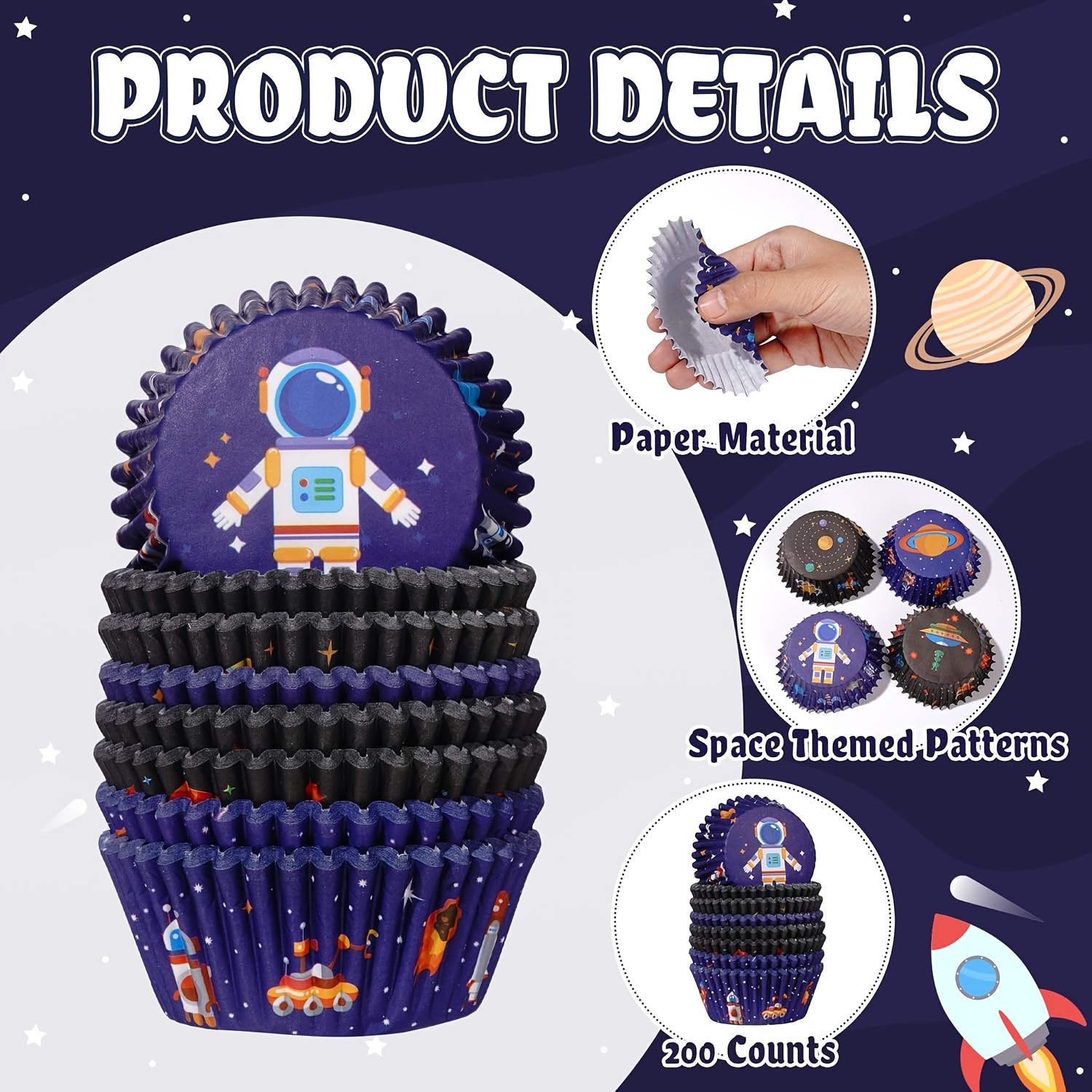 TEMU 200 Weltraum-Cupcake-Förmchen, Astronaut, , Raumschiff, Planet, Backförmchen, Standard-Muffin-Cupcake-Becher, geeignet für Warteschlangen,