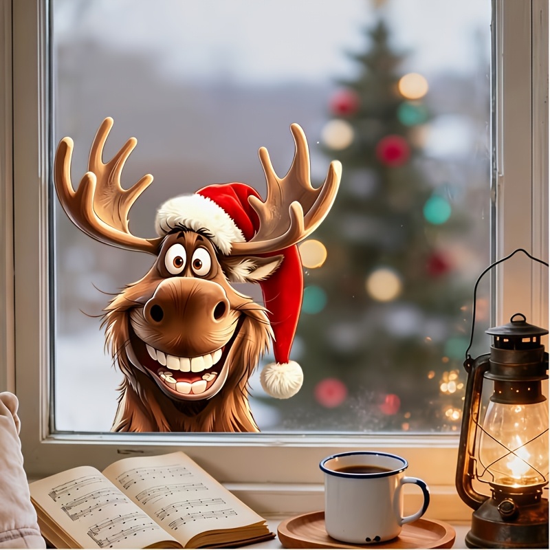 TEMU 2d Flat, Fun Peeking Christmas Moose Car Window Sticker, 1pc 2d Plush Red Santa Hat Realistic Cartoon Moose Print, Suitable For Living Room,
