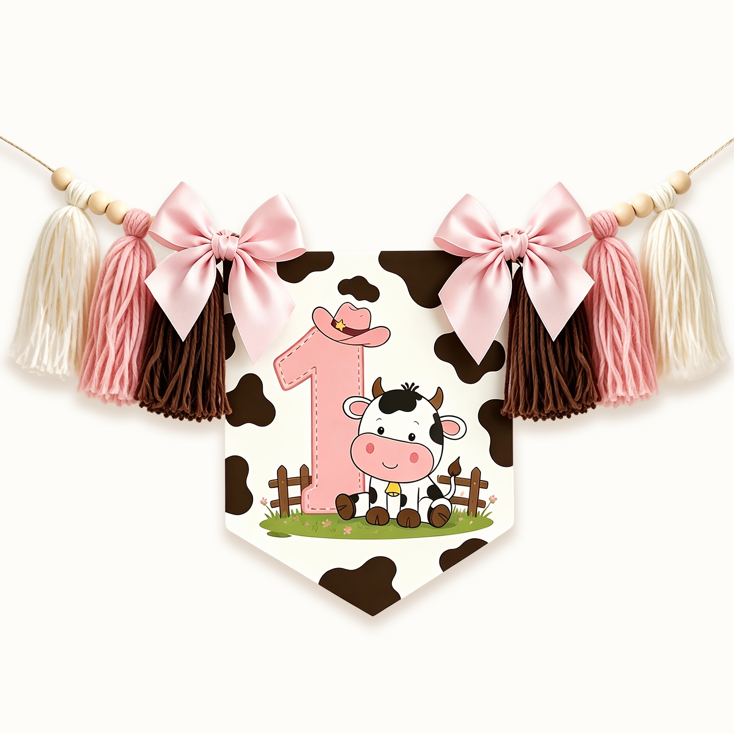 TEMU 1pc Cow Calf 1st Birthday Party High Chair Chair Flag Farm Theme First Birthday Party Banner Flag Birthday Party Background Decoration