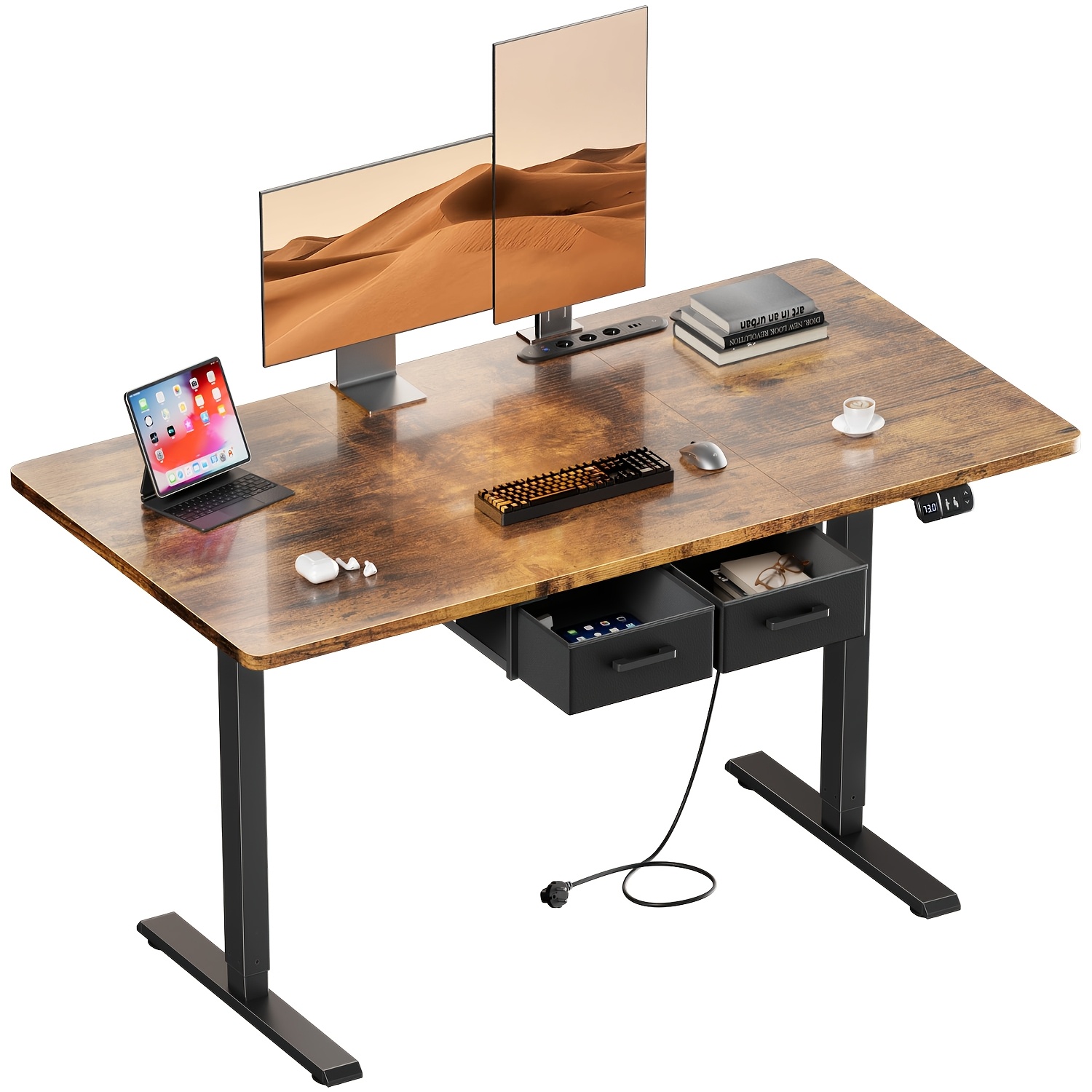TEMU Furnishia Bureau Vertical Électrique avec Panneau Intelligent à & 2 Tiroirs, Bureau à Hauteur Réglable avec Prises d'Alimentation, Bureau