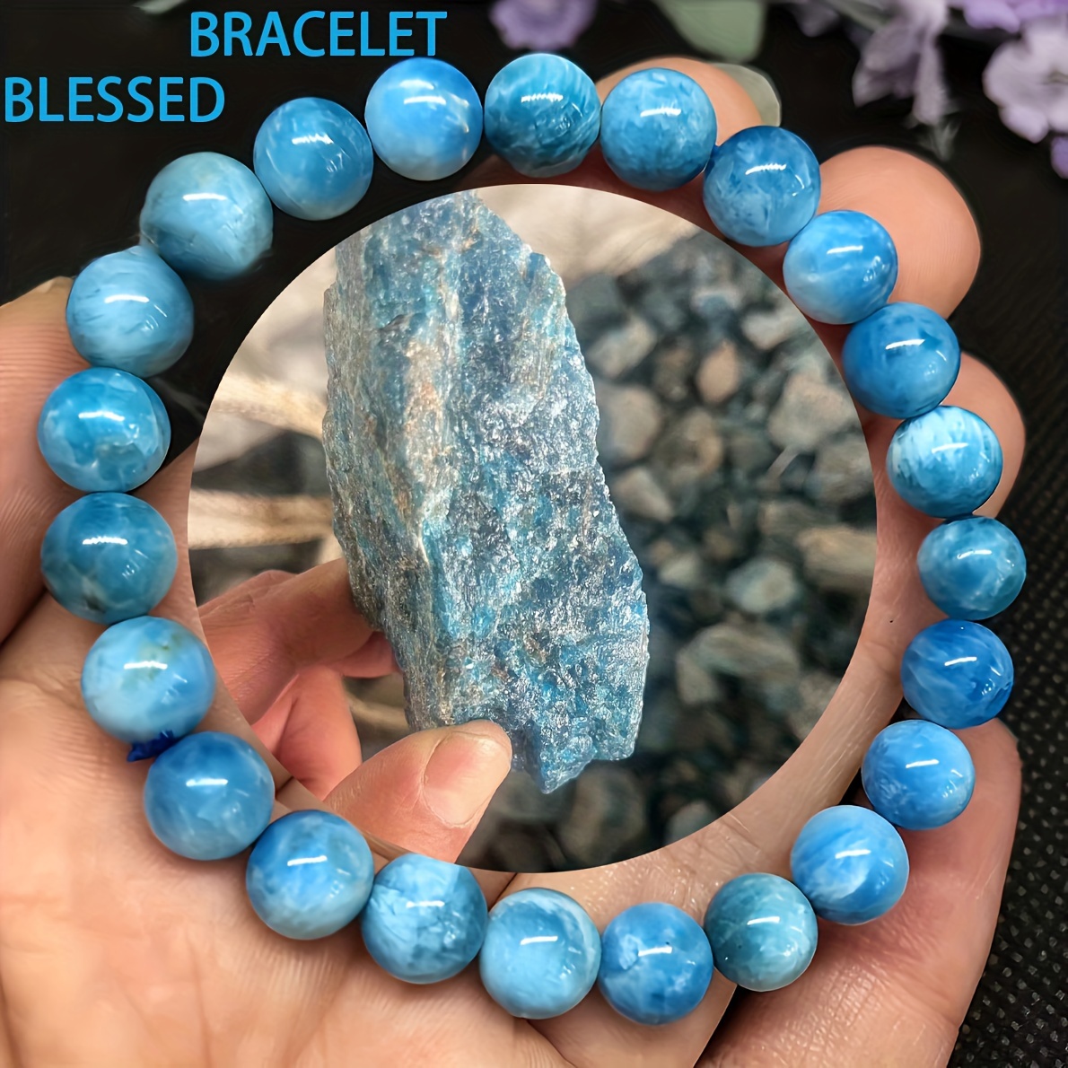 

1pc Natural Gorgeous Semi-precious Gemstones Bracelets Round Stone Beads Energy Power Crystal Adjustable Stretch Beaded Bracelet For Women Men (blue Apatite 6/8/10mm)