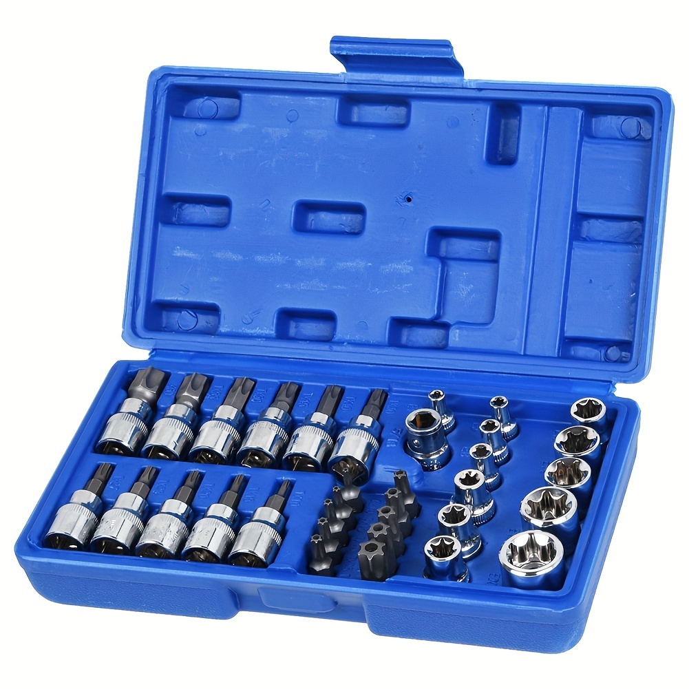 Image of 34pcs Socket Drive Set Torx Torque Star Bits Chrome Car Tools