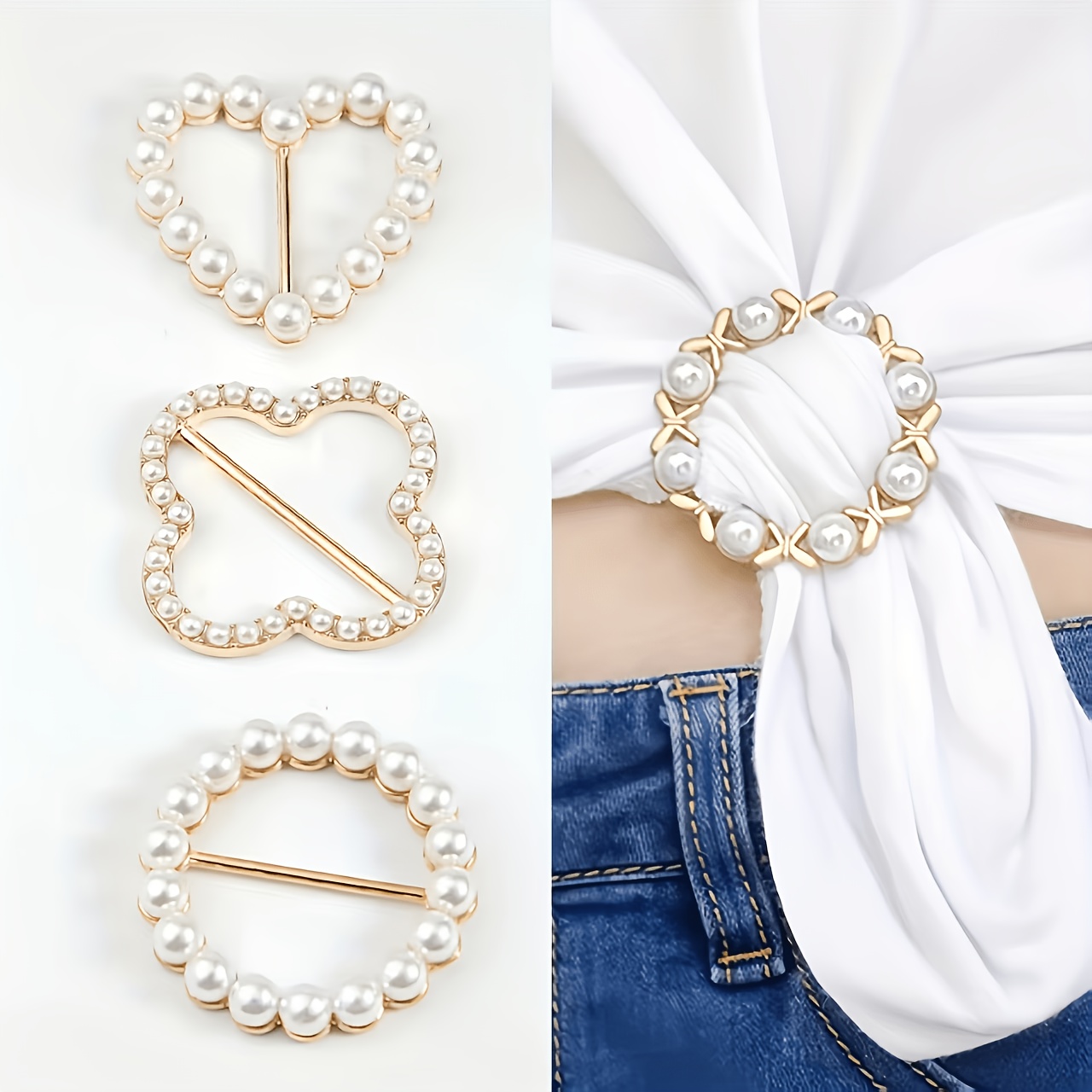 Image of 4 Styles Of Women's Scarf Rings And T-shirt Tie Clips For Cinching Clothes At The Sides, Featuring Round Clips And Belt Buckles