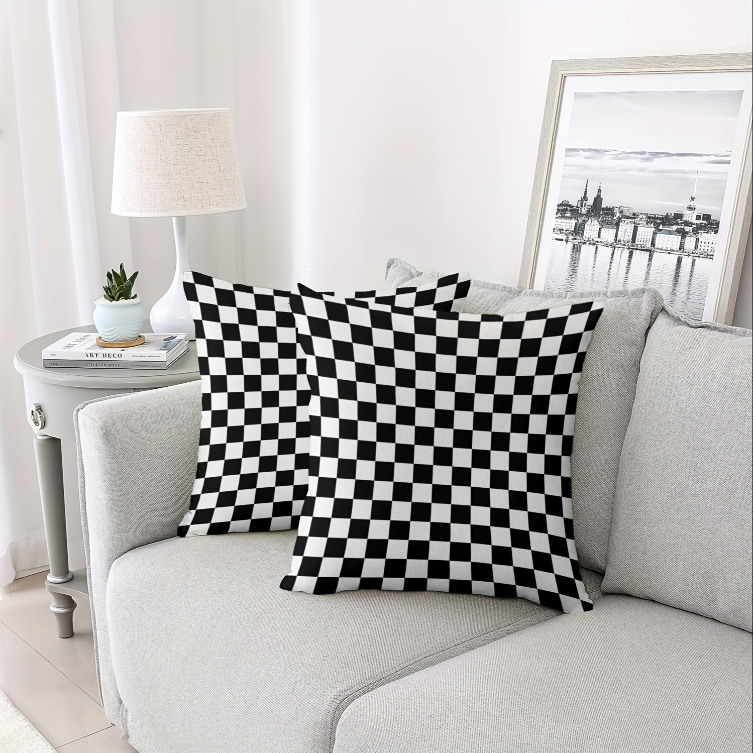 

2pcs, Black And White Checkered Pillowcase Pillowcase Bohemian Hippie Tapitz Bedroom Dormitory Room Home Decoration Short Plush Cloth Double-sided Printing Without Pillow Core