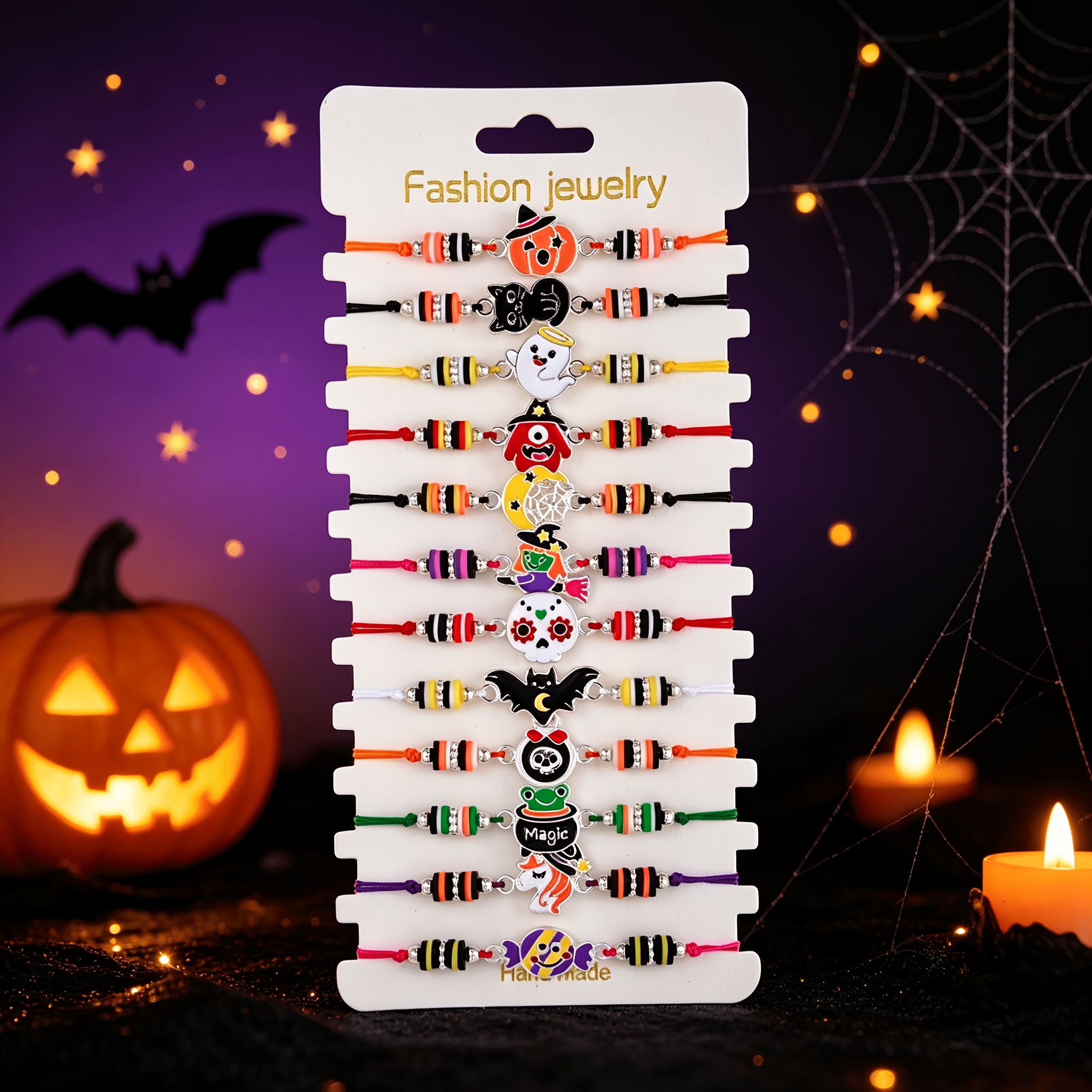 TEMU 12pcs Halloween Bracelets Set, Adjustable Pull Cord Braided String Wristbands With Pumpkin Bat Skull Enamel Charms, Cute Halloween Costume