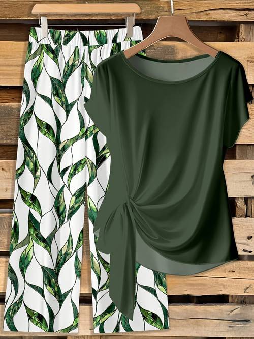 2pcs womens casual minimalist tie shirt and loose straight geometric print pants set suitable for early autumn