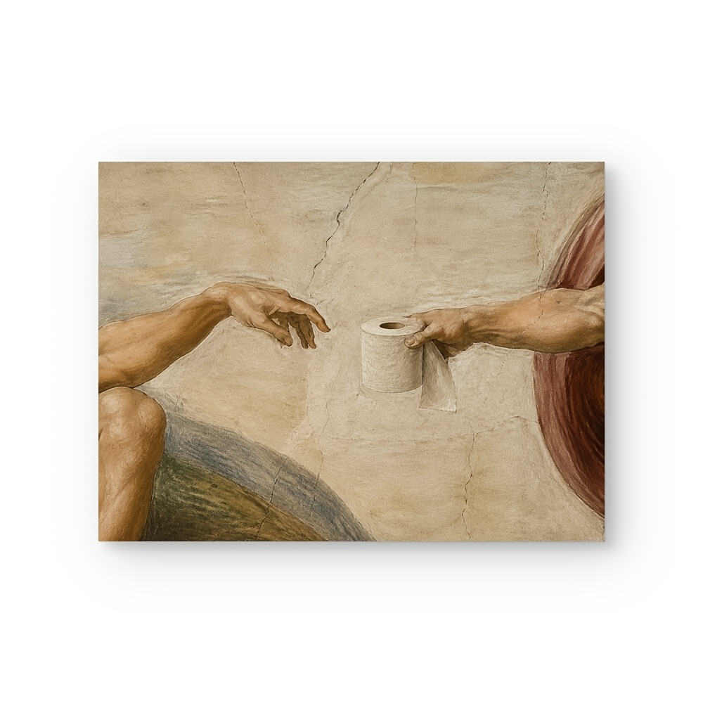 TEMU 2d Flat, 1pc Funny Creation Of Adam Parody Poster - Toilet Paper Suitable For Home, Bathroom Wall Decor, Humorous Renaissance Art Print, Classic