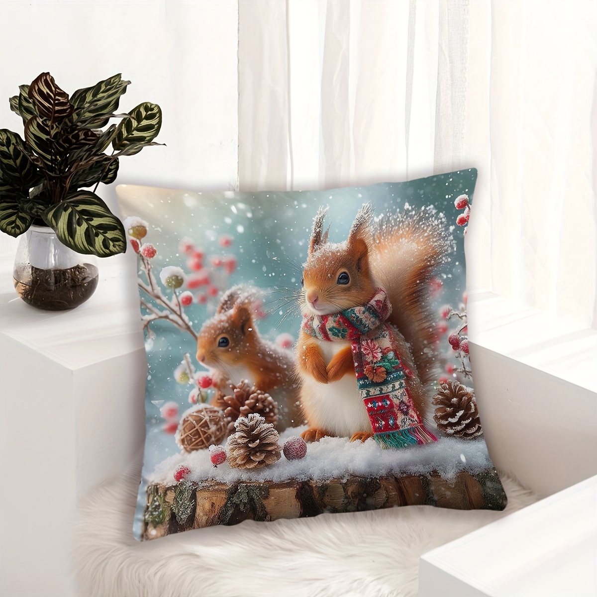 

Cozy Squirrel's Home Christmas & Thanksgiving Decorative Pillow Cover - Single-sided Print, Polyester, Zip Closure - Perfect For Sofa, Bedroom, And Hotel Decor (pillow Not Included)