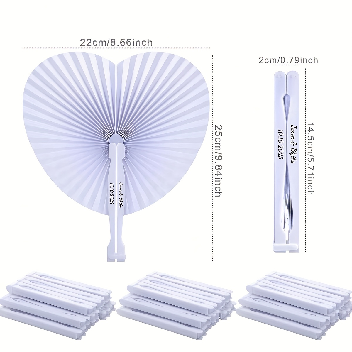 TEMU Custom Personalized Engraved White Folding Paper Fan, Heart-shaped Plastic Handle, Suitable For Weddings, Souvenirs, Parties, Custom Content 1