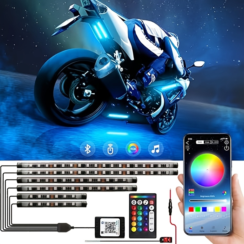 TEMU 6in 1 Motorcycle Decorative Effect Light Rgb Change With Remote Control/app Control 2 Control Motorcycle Mounted Ambient Light, Hardwired,