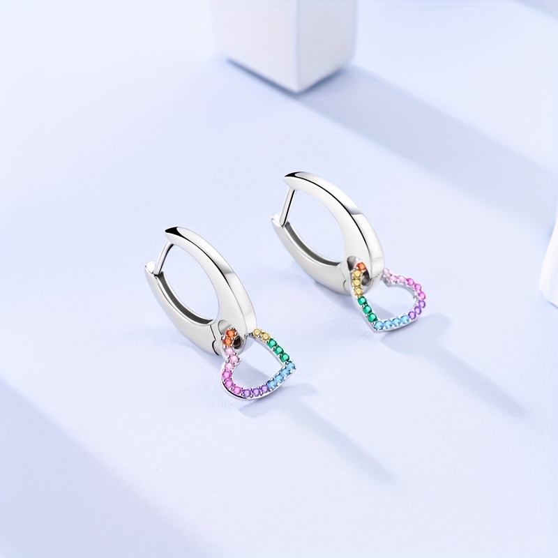 925 Silver Rainbow Heart Earrings with CZ Hypoallergenic