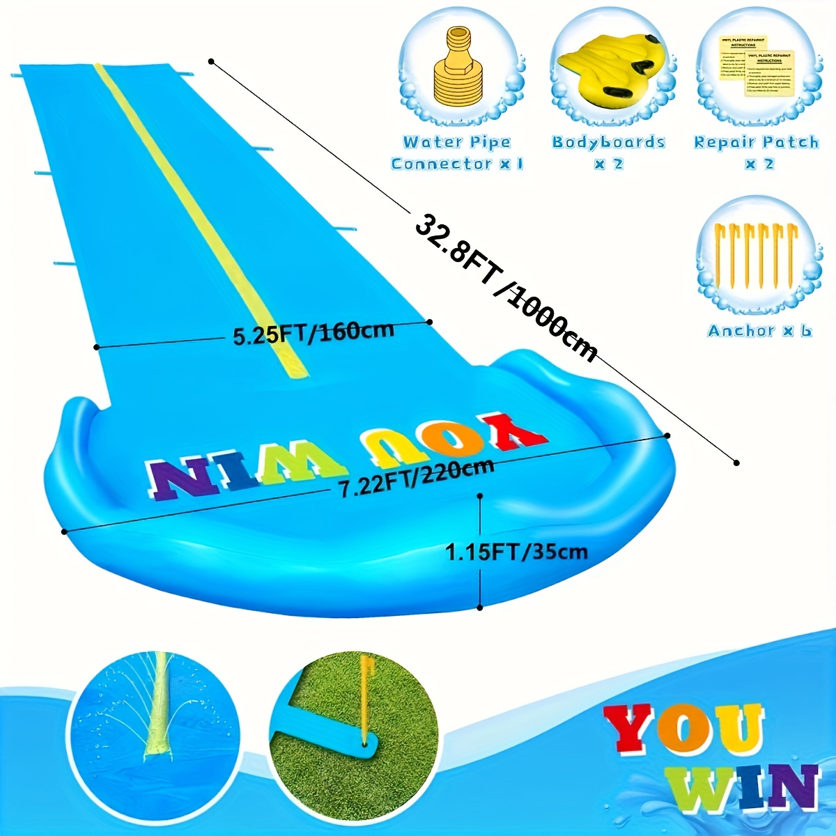 10m Extra Long Water Slide, 32.8ft Inflatable Splash Water Slip with 2 Racing Lanes and 2 Body Boards for Kids Boys Girls Adults Outdoor Summer Water Toys