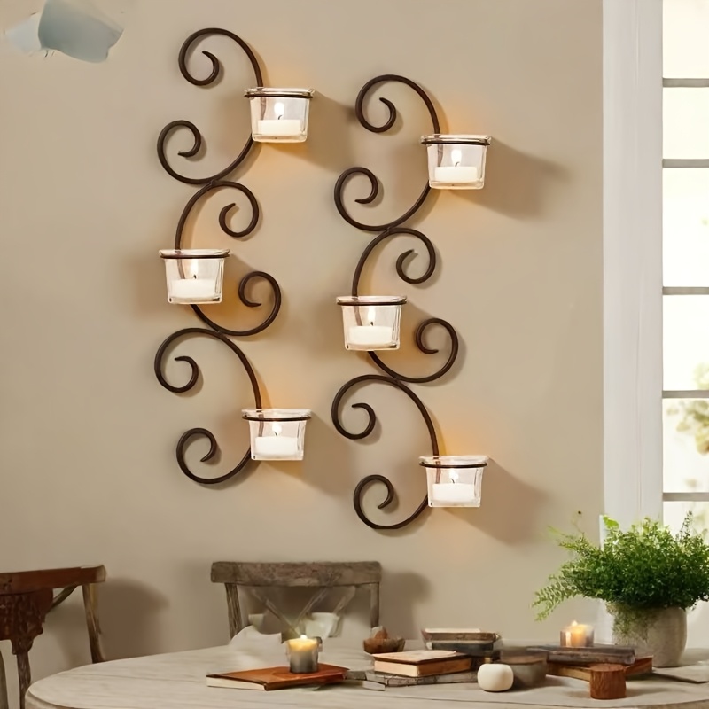 Set Of 2 Scroll Wall Candle Holders With 6 Votives Glass Cups