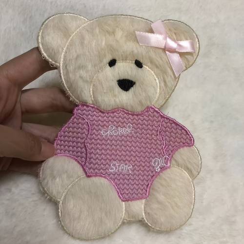 1pc of applique embroidery patch featuring a plush pink bear with dimensional bow computer embroidered without backing suitable for decorating clothes bags hats and as diy craft accessories can be used for home decor