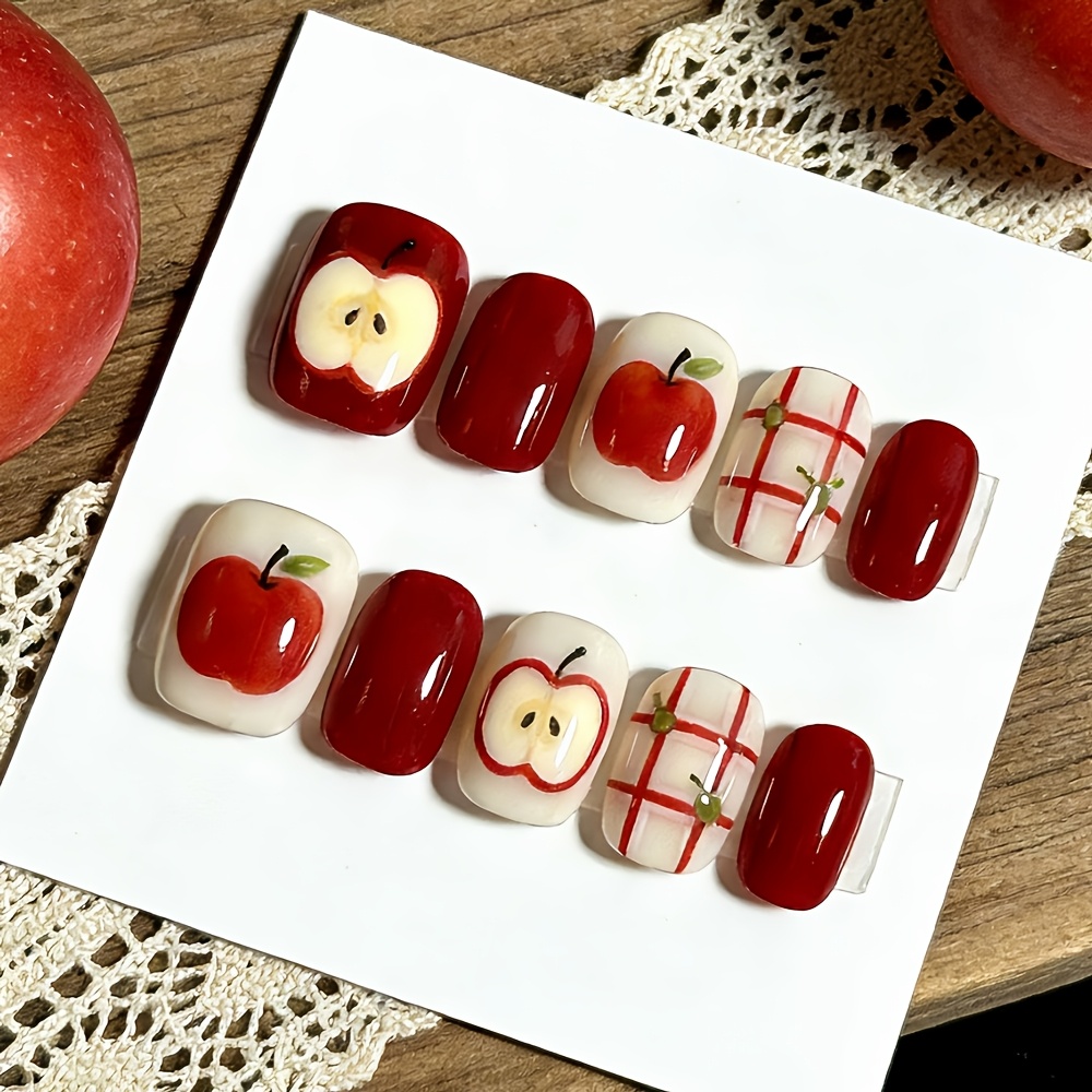 TEMU New Short Square Nails For Back-to-, Christmas, And Other Holidays With Red Plaid Elements. Cute And Red Striped Nails, Detachable And Reusable