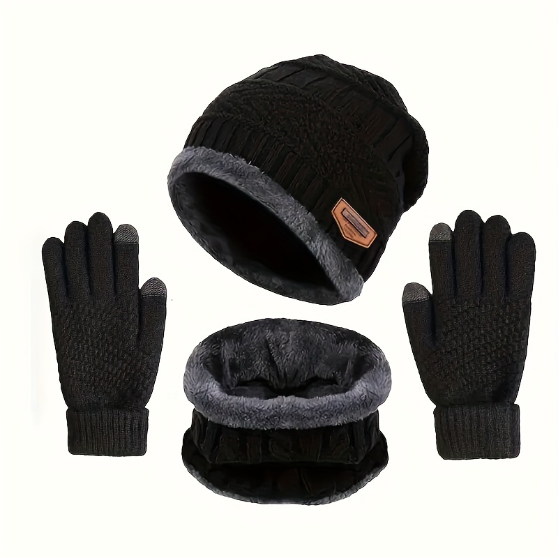 

1set Men's Winter Knit Beanie And Scarf Set With Gloves - Cool And Polyester 100% Knit Fabric With Slight Stretch, Outdoor Cold-weather Hat Neck Warmer And Gloves Combo