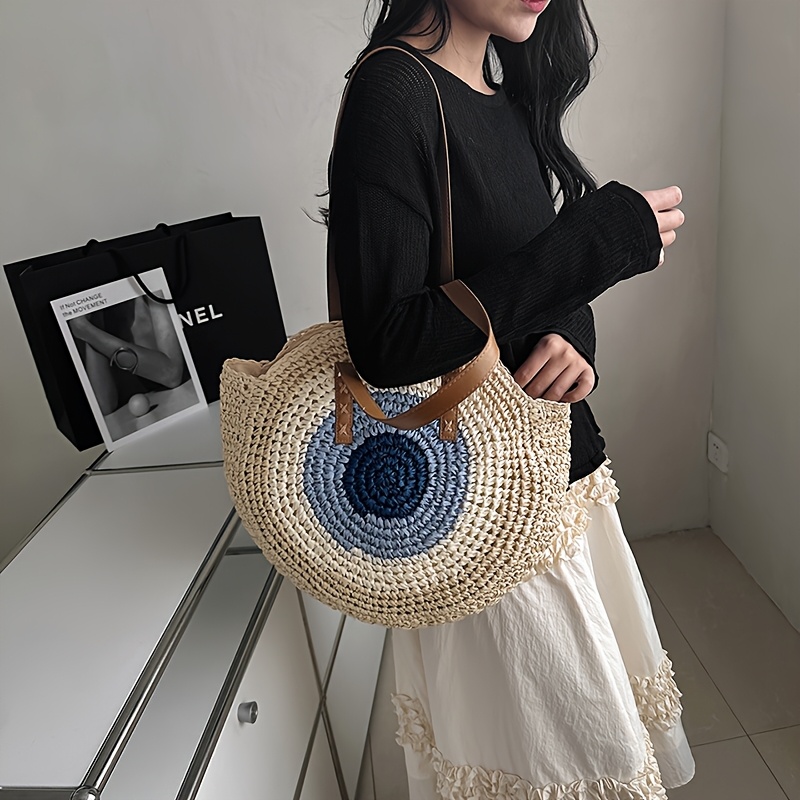 new large capacity straw bag retro round ring Temu Mauritius - Main Image