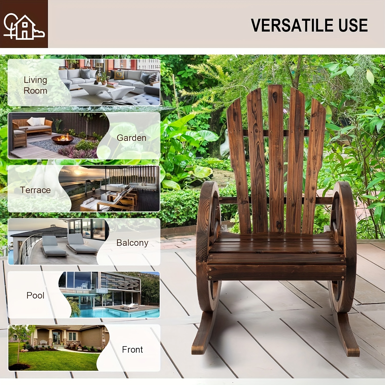 Outdoor Wood Rocking Chair Set Of 2 - Patio Wagon Wheel Rocking Chair 2pcs, Rustic Rocker Single Chairs for Country, Yard, Porch
