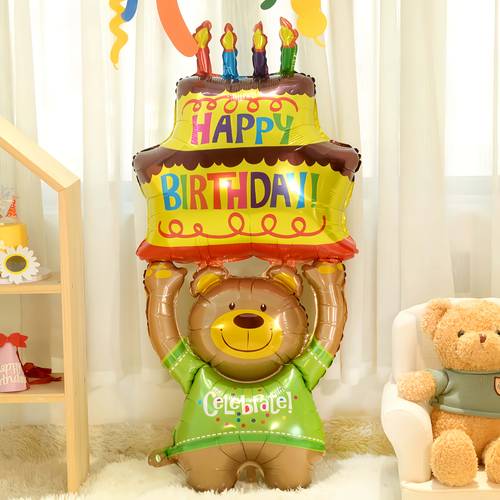 One 48-Inch Balloon Shaped Like a Bear Holding a Cake, Perfect for Birthday Celebrations, Made of Aluminum Foil. Ideal As a Gift for Christmas, Halloween, Thanksgiving, Or Valentine'S Day