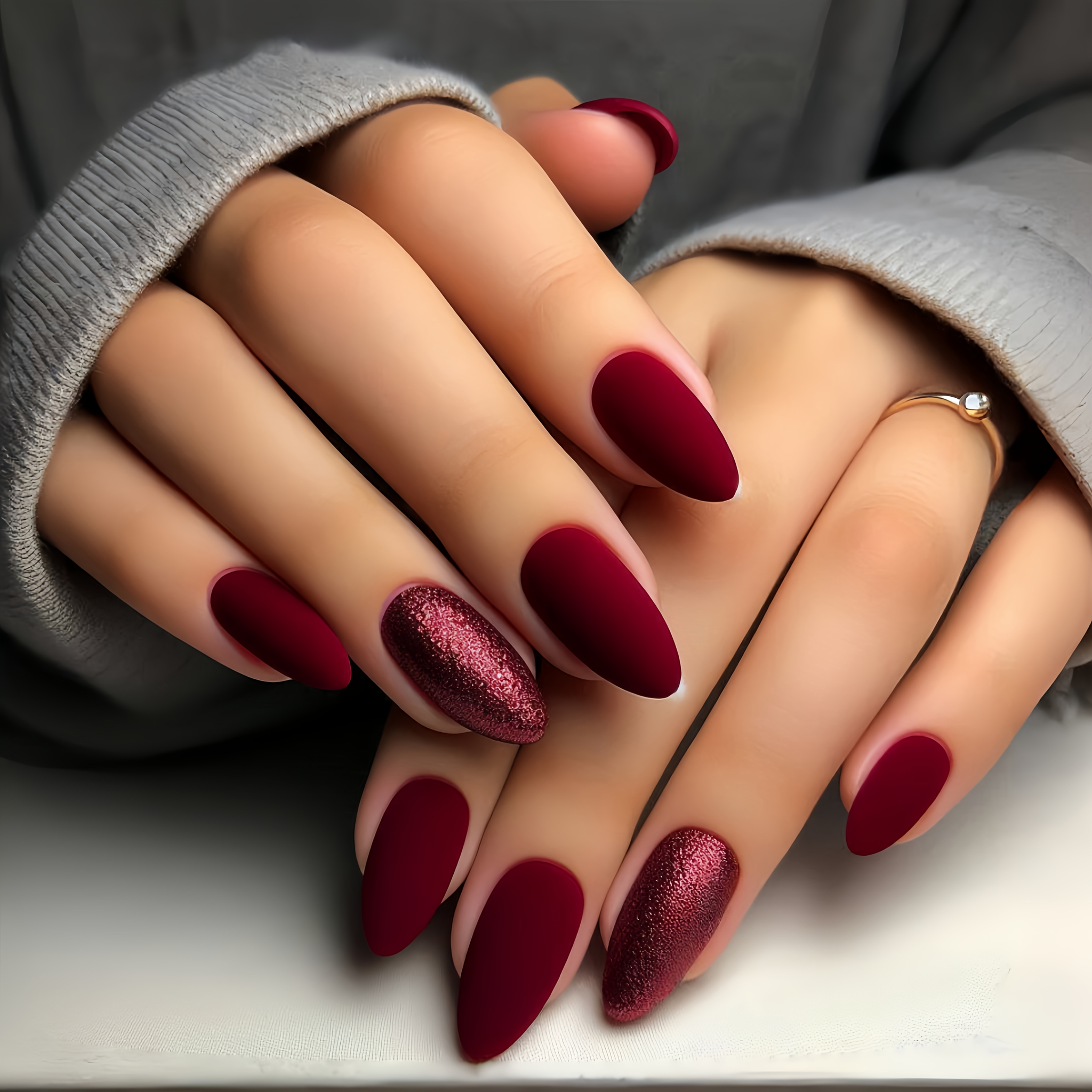 Medium-length Almond Nails, Matte Solid -on Fake Nails For Women -