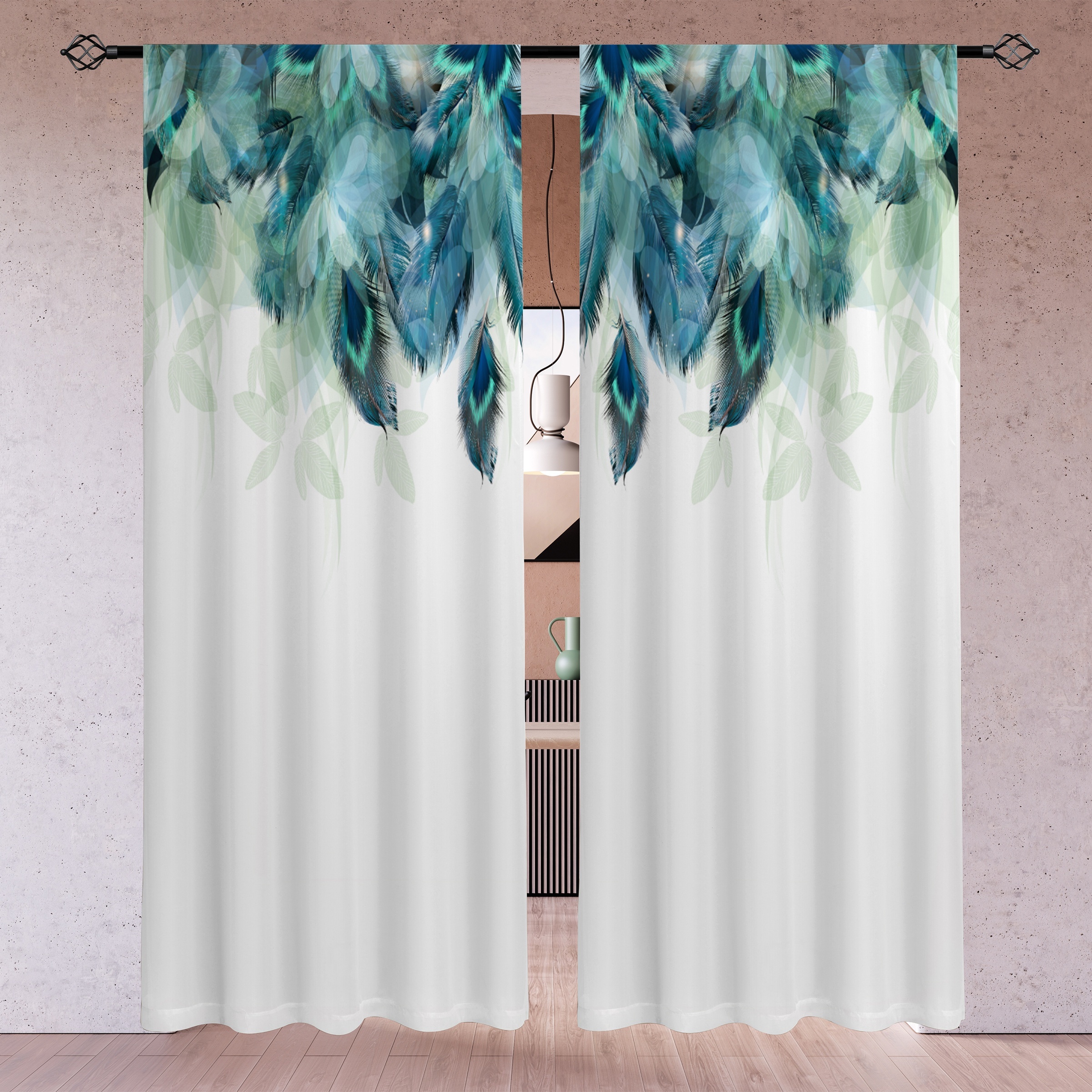 TEMU [] 2 pezzi, Tende semi-trasparenti con stampa di foglie di piume , Tende decorative multi- in poliestere con passa barre per soggiorno, , camera