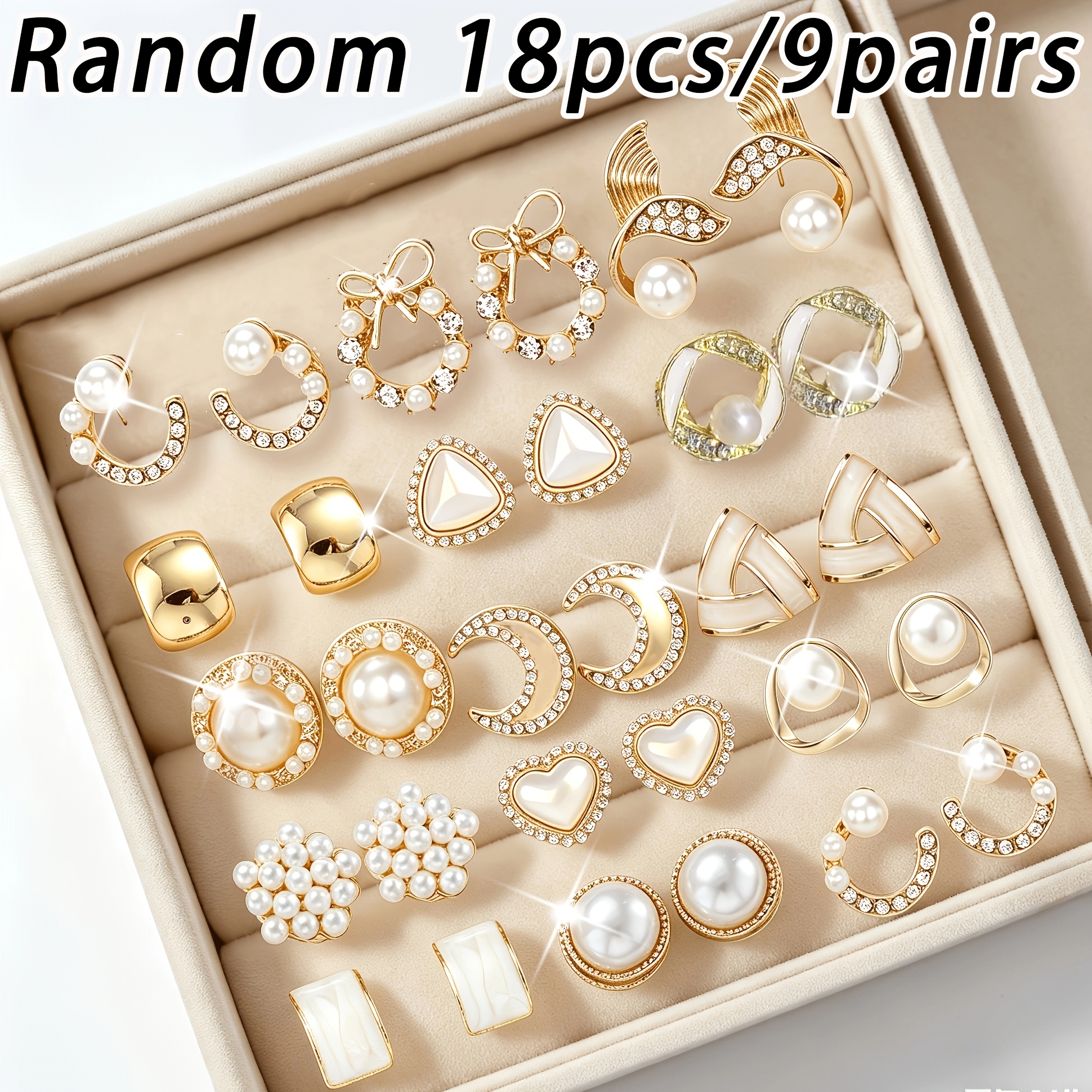 TEMU Random 6/12/18pcs Ladies Elegant Luxury Stud Earrings Love Heart Irregular Fishtail Bow Artificial Pearls Stud Earrings Set, Suitable For Daily