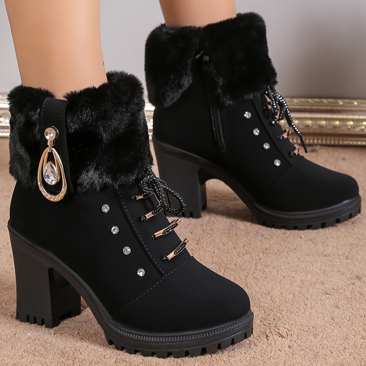 

New Fengda Women's High Heel Lace-up Warm Short Boots To Increase Height, Fashionable And Women's Boots