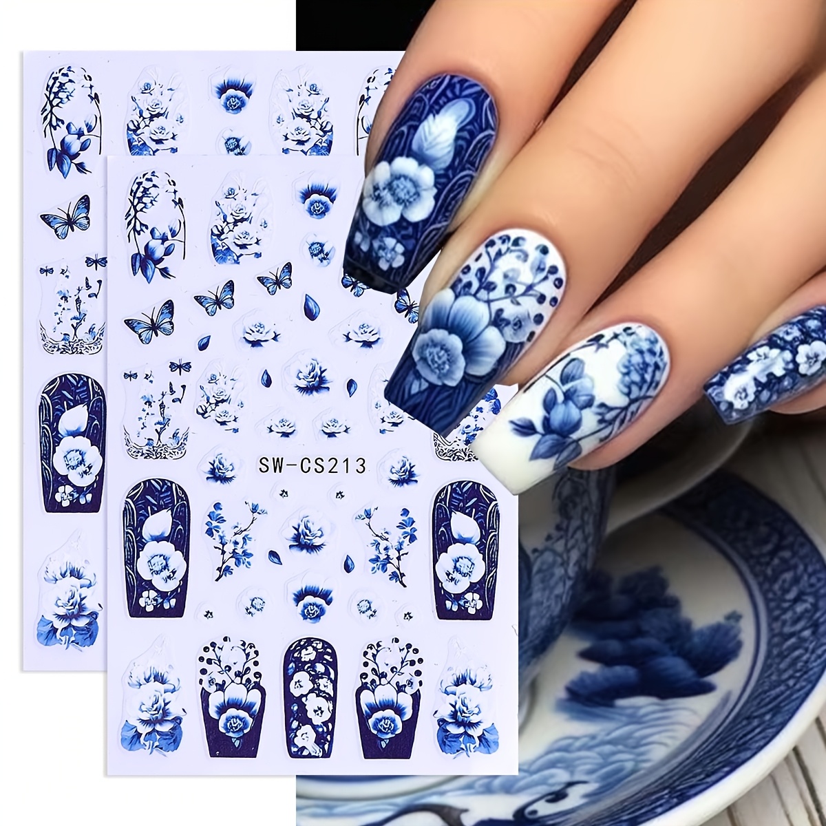 

2pcs Chinese-style Blue And White Porcelain Floral Nail Stickers Sw-cs213