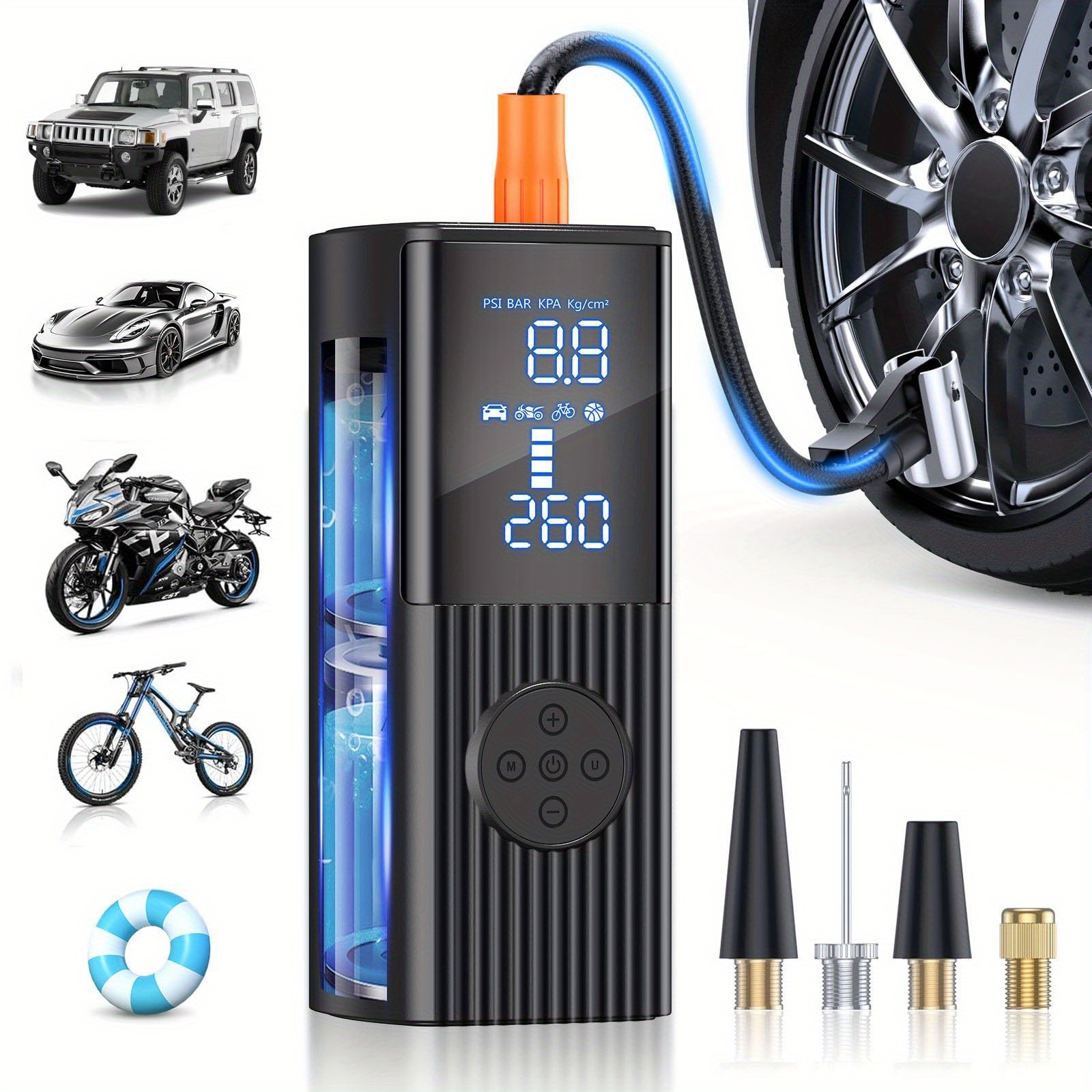 TEMU Portable Air Compressor 25000mah Tire Inflator With, 180psi Fast Inflation Pump, 4-in-1 (car/bike/motorcycle/ball), -c Power Bank & Emergency