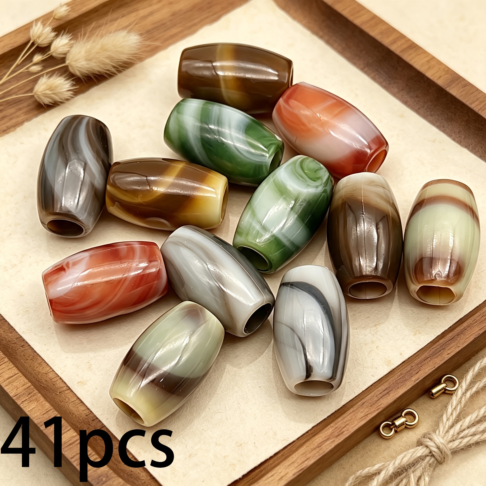 TEMU 41pcs Mixed Color Ombre Simulated Agate Large Hole Beads, Texture Oval Beads, Vintage Striped Loose Beads For Diy Handmade Beading Accessories
