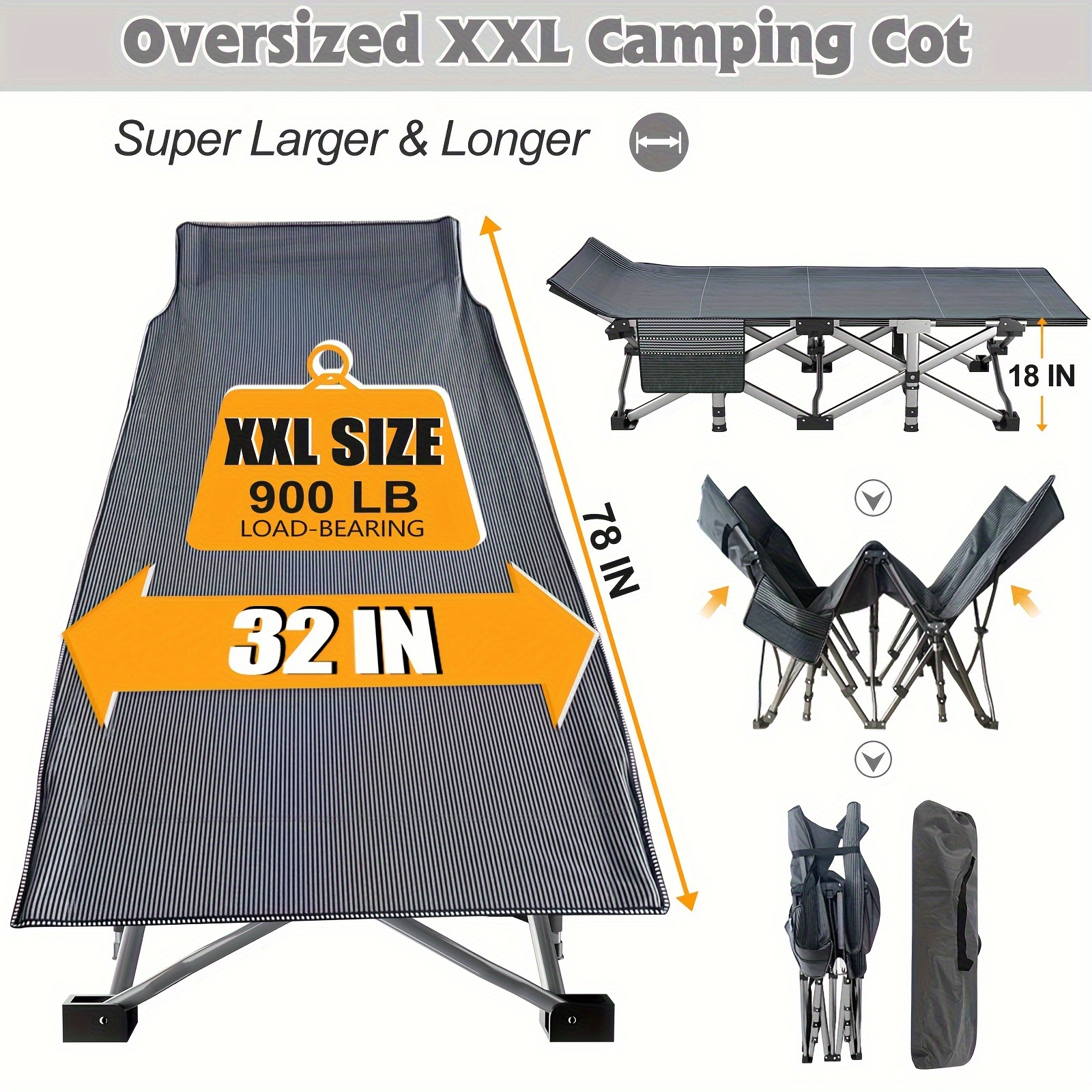 TEMU Lilypelle Oversized Xl Folding Camping Cot - Heavy Duty, Double Layer Oxford, Portable Travel Camp Cot With Carry Bag - For Camping, Hiking,