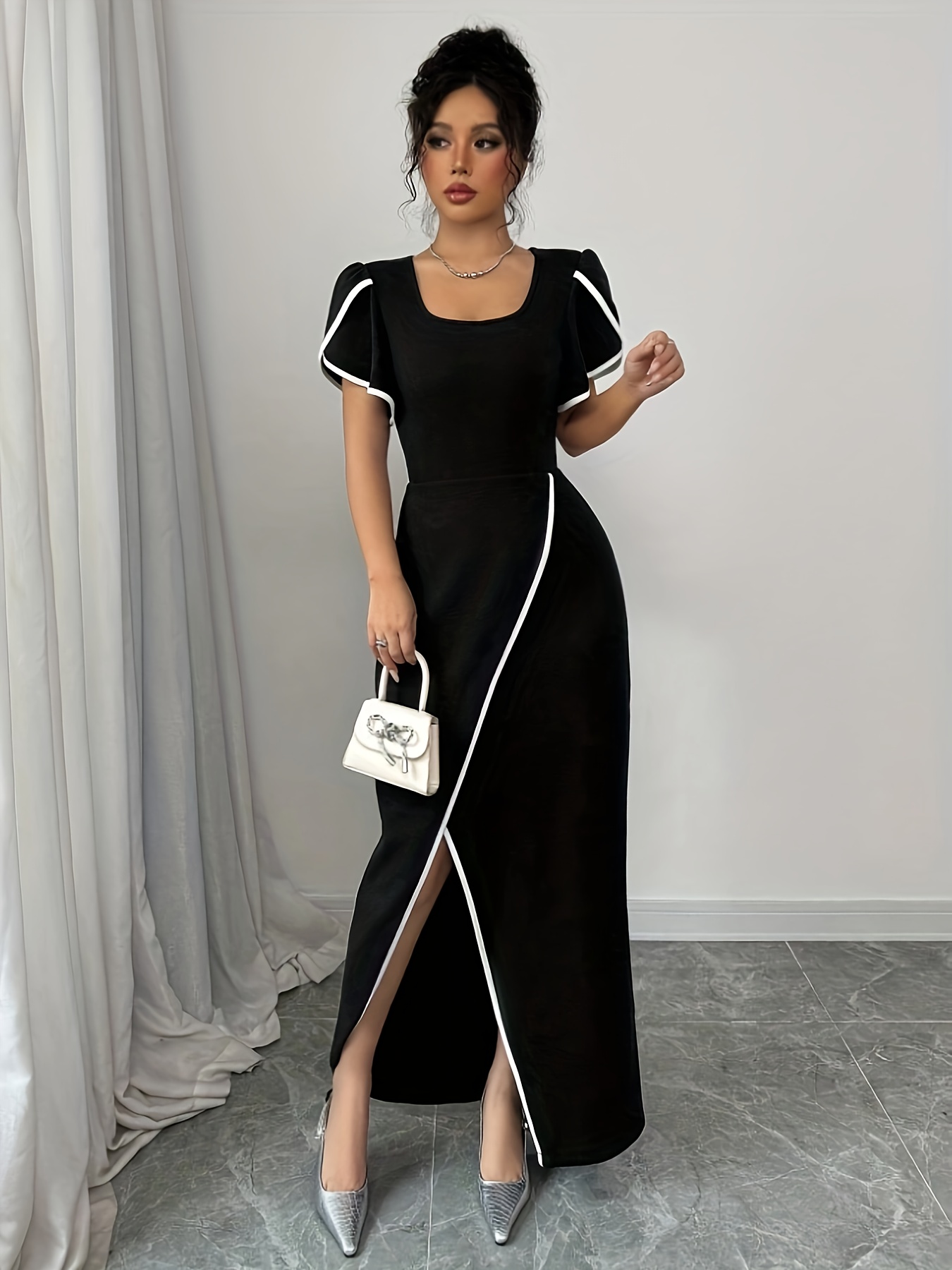 slim fit dress slacks Zapakasa Women Blue Maxi Color Block Wedding Guest Dress with Ruffles  Ruched Strapless A Line Formal Dress