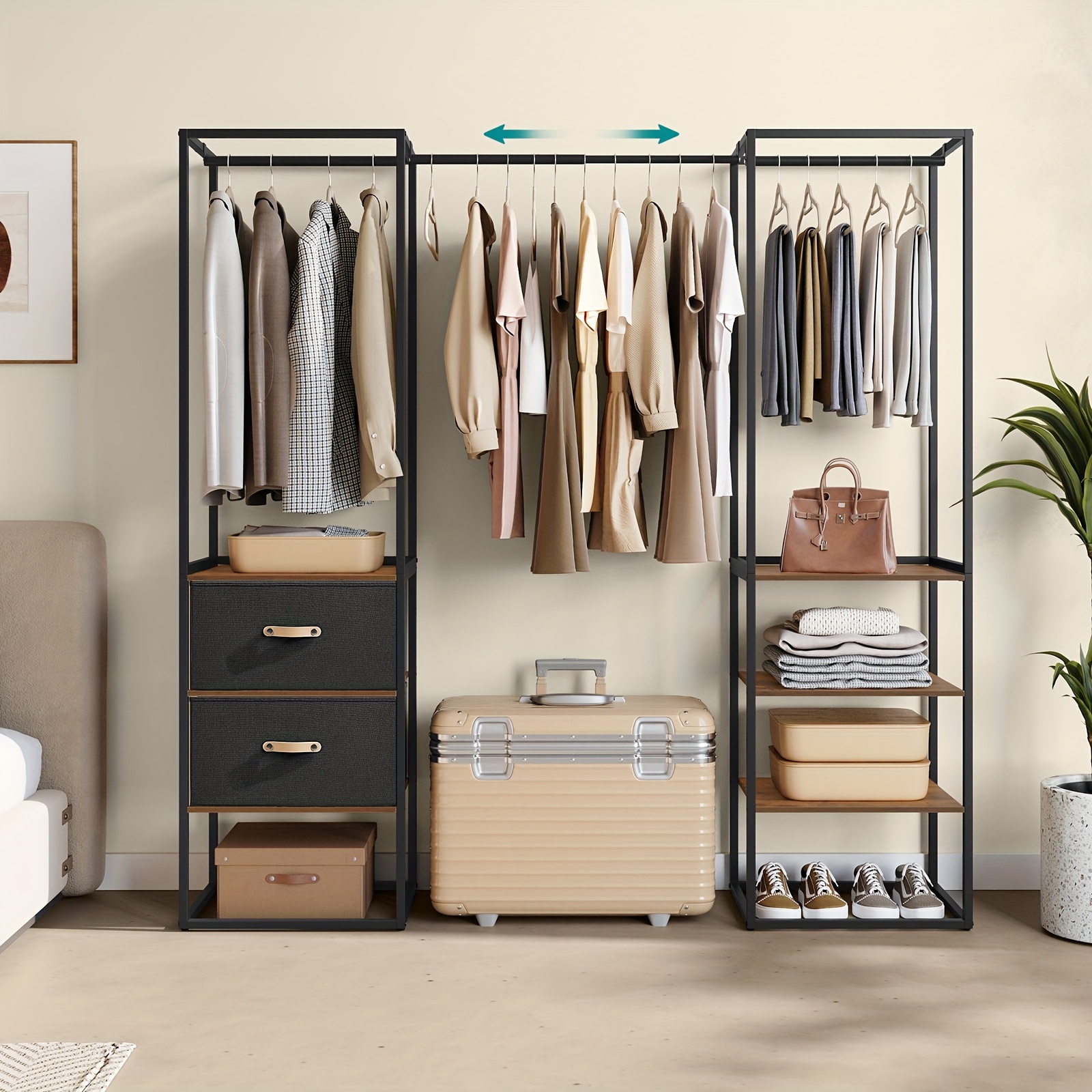 E-shop Kleiderständer, Offener Kleiderschrank, Robenstange Hochbelastbar, 1 Ausziehbarer Stab, 2 Schubladen, 4 Regale, Platzsparend fürs Schlafzimmer
