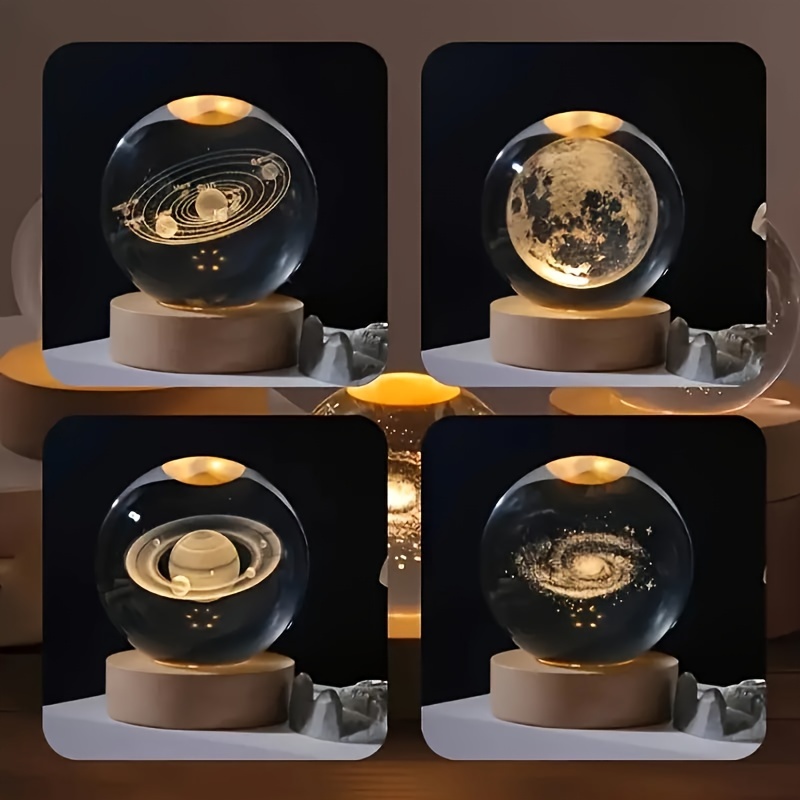 

4-piece Set, Romantic 3d Carved Crystal Ball Wooden Base, Decorative Creative Gift Christmas Birthday Led Luminous Crystal Ball (moon, Saturn, , Solar System)