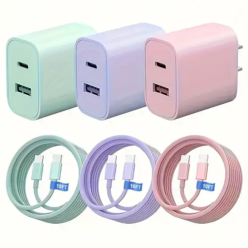 10ft ultra long cable dual fast 20w usb c fast charger block dual adapter with 10ft charging group suitable for iphone 15 16 series ipad samsung etc