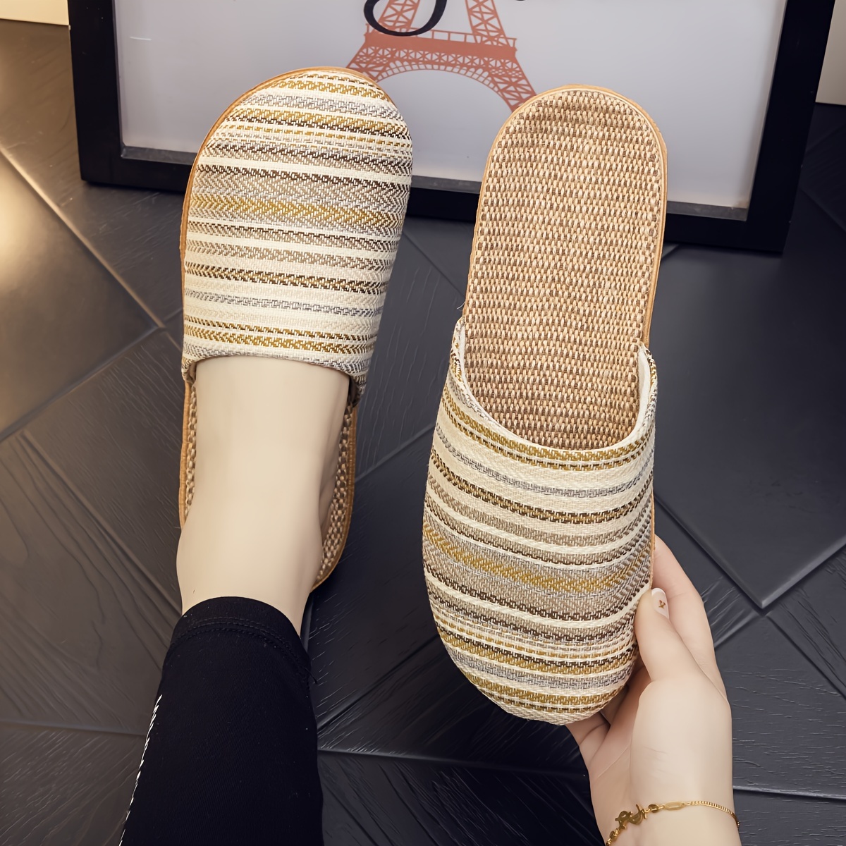 Women's Japanese Style Breathable Slippers, Bohemian Striped Indoor Slides, Lightweight Non-Slip Soft Sole, Hand Wash or Dry Clean, All-Season Fabric Upper and Liner, EVA Sole, Home Footwear