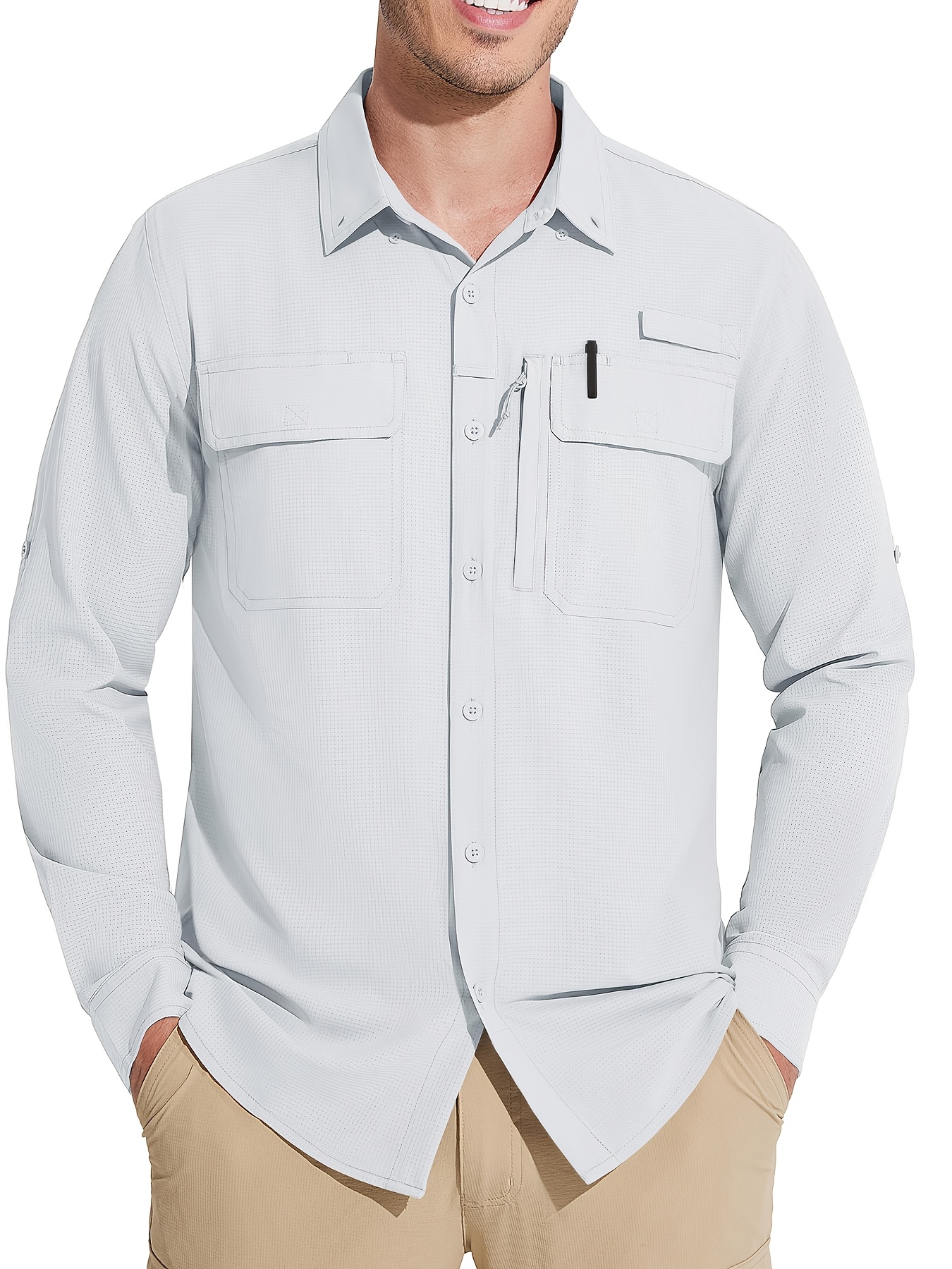 Men'S Fishing Shirts Long Sleeve UPF 50+ Sun Protection Quick Dry Cooling Button Shirt For Hiking Safari Versatile Design Multiple Loops For Hanging Sth Pefect For Outdoor Works