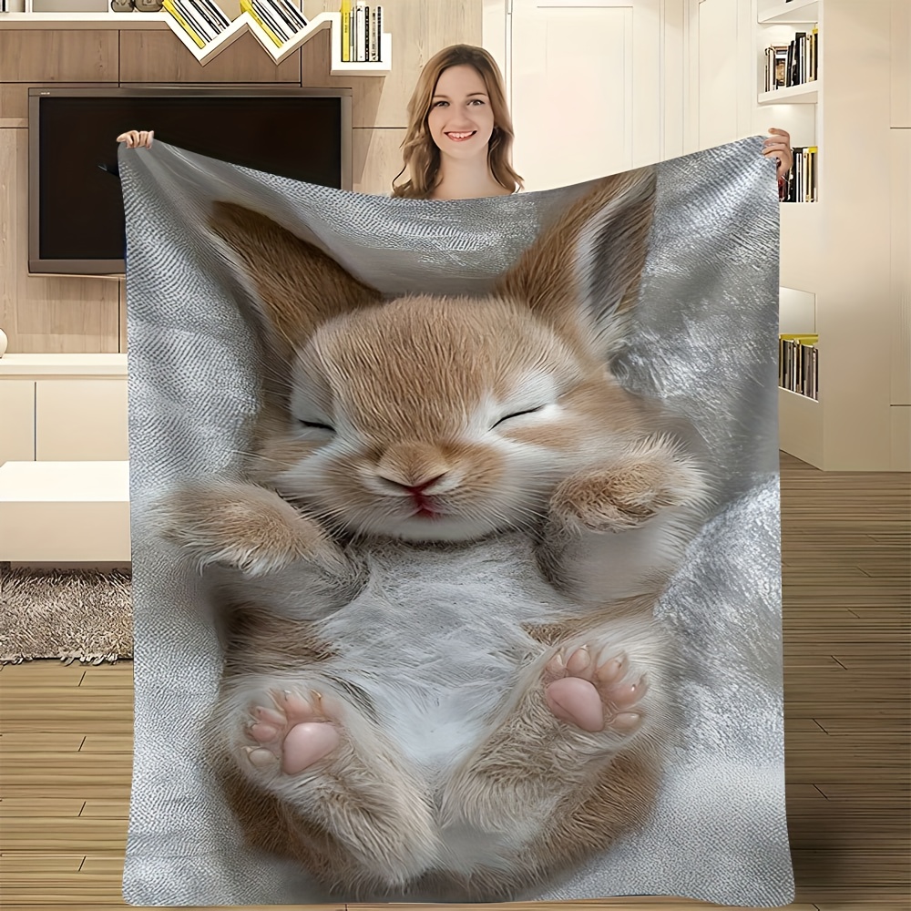 TEMU 1 Comfortable Flannel Blanket With Rabbit Pattern, And Warm, Suitable For Camping- A Multi-functional Blanket For , Suitable For Indoor And