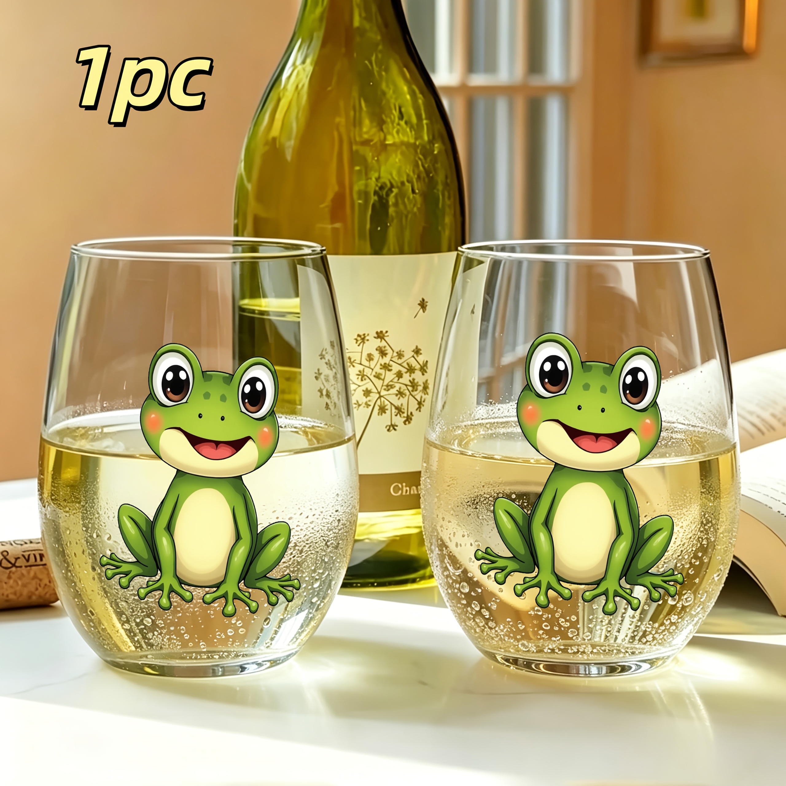 TEMU 1 gobelet en verre 350 ml avec motif de grenouille, gobelet, verre à vin poignée, gobelet à champagne et whisky, aux rayures, réutilisable,