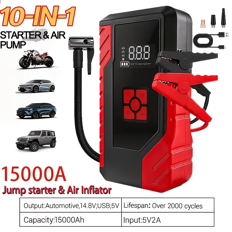 TEMU 15000a 10-in-1 Multi-functional Emergency Power Booster, With A 14.8v Air Pump, Portable Car Battery Starter, Portable Car Battery Charger, Led