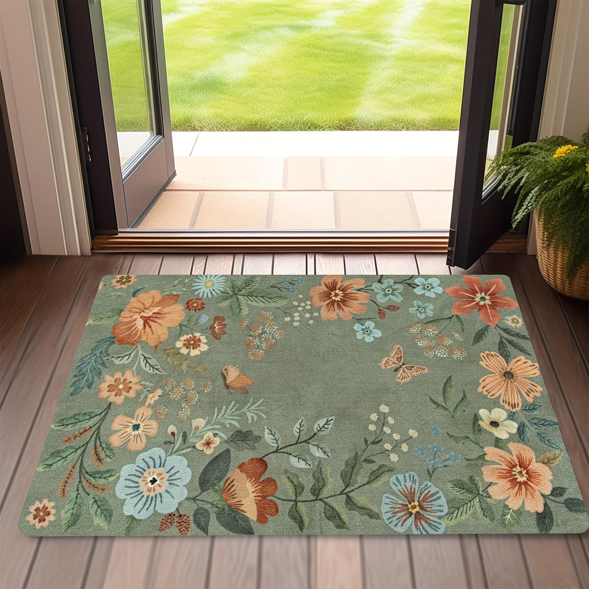 

Soft & Washable Floral Entrance Doormat - Anti-fouling, Bohemian Style Rug For Entryway, Bathroom, Bedroom, Living Room, Laundry - Polyester With Pvc Backing