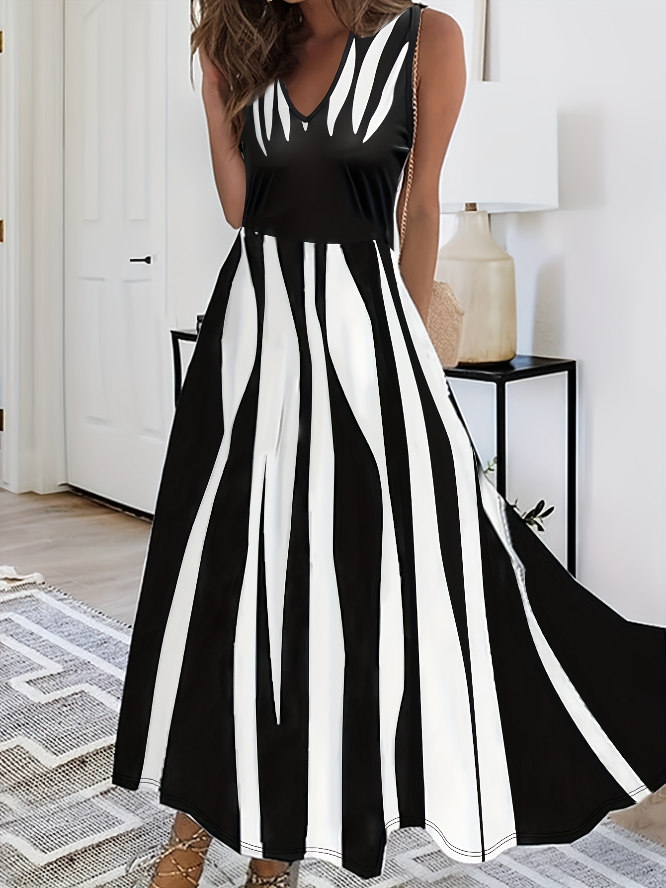 summer dress elegant v neck sleeveless dress contrasting - Temu United Arab  Emirates
