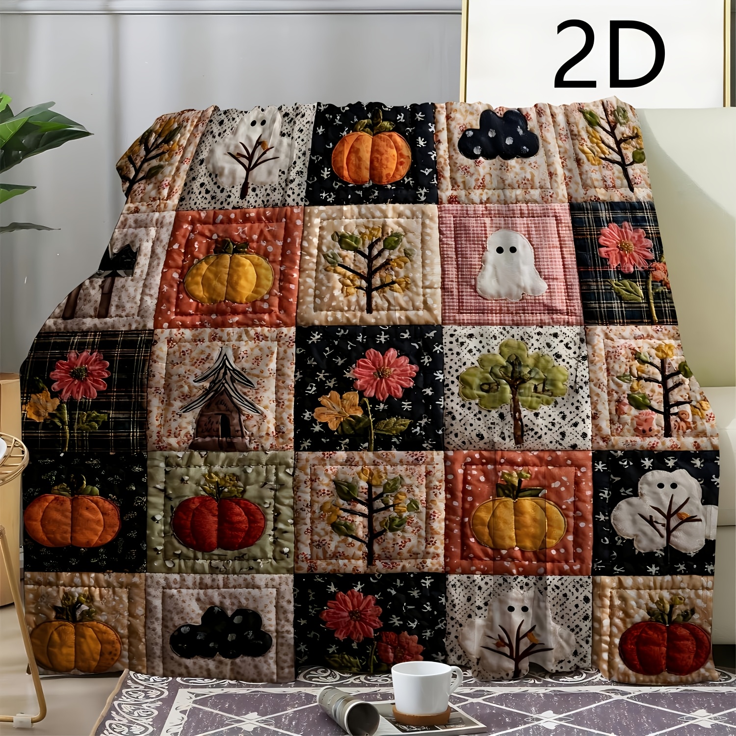 TEMU 2d Design-1pc Halloween Blanket - Halloween Multi-pumpkin Mushroom Printed Throw | Warm For Sofa Car Office| 2d Design, Retro Style, Comfortable
