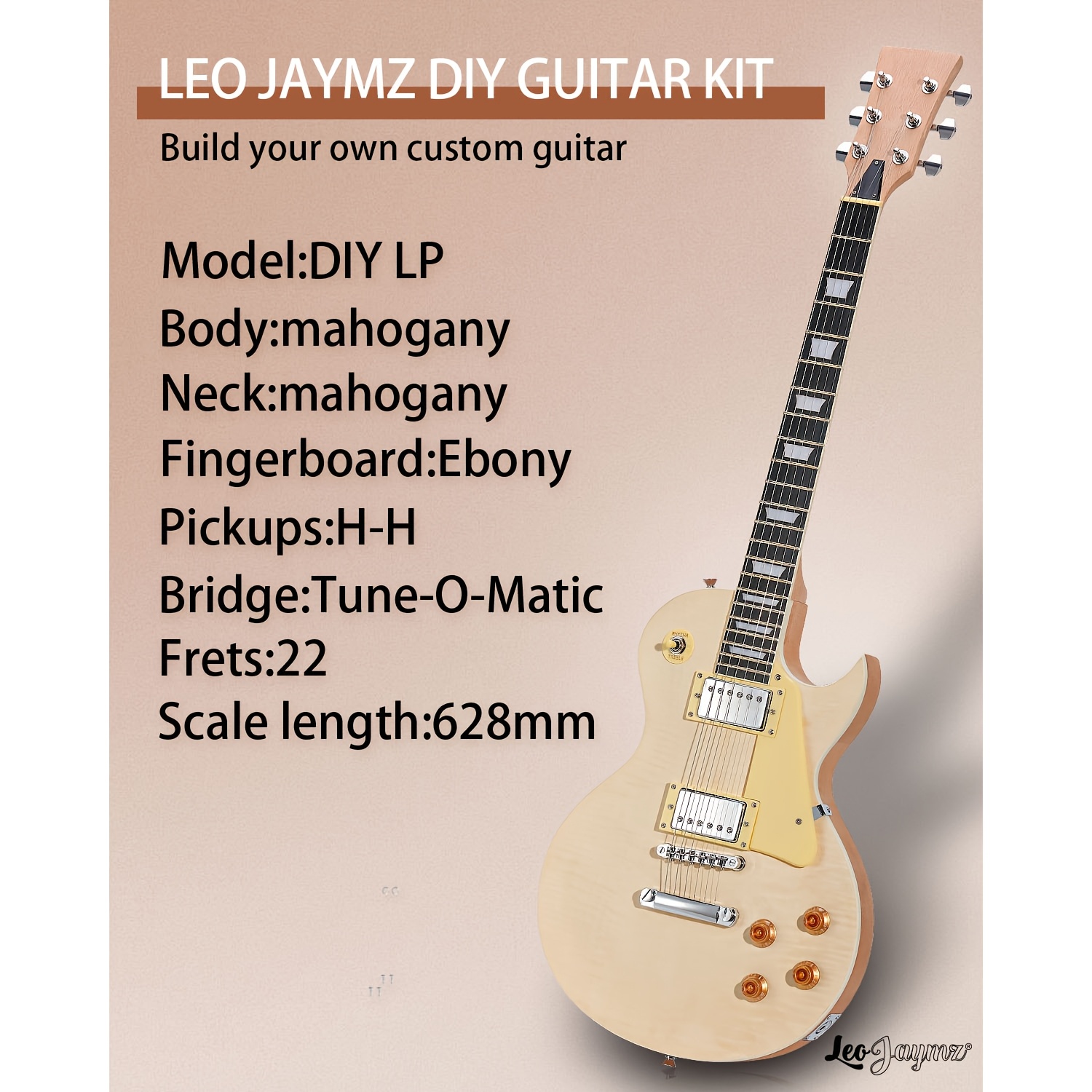 Leo Jaymz 1pc DIY Electric Guitar Kit - S-S-S Pickup Configuration, Ebony Fretboard, Maple Neck, Mahogany Body - Single Tremolo Bridge, 22 Frets, Fully Enclosed Tuning Pegs, Room Electrical Wiring
